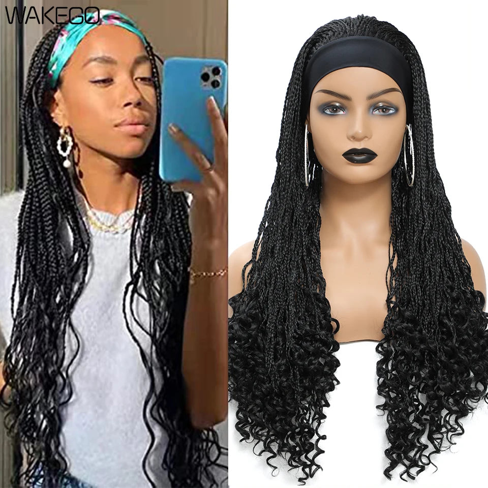Wakego Wig Crochet Box Braid Headband Wigs Headband Box Braided Wig Perruque Bandeau Synthetic Braiding Hair peruca Box Braids