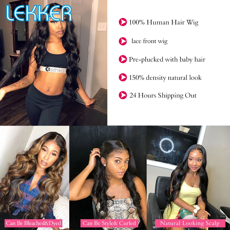 Lekker Black Long Wavy 13x1 T Part Lace Front 100% Human Hair Wigs For Women Brazilian Remy Hair Body Wave Clearance Glueless