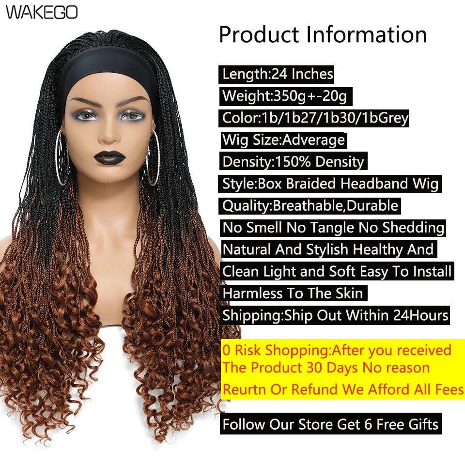 Wakego Wig Crochet Box Braid Headband Wigs Headband Box Braided Wig Perruque Bandeau Synthetic Braiding Hair peruca Box Braids