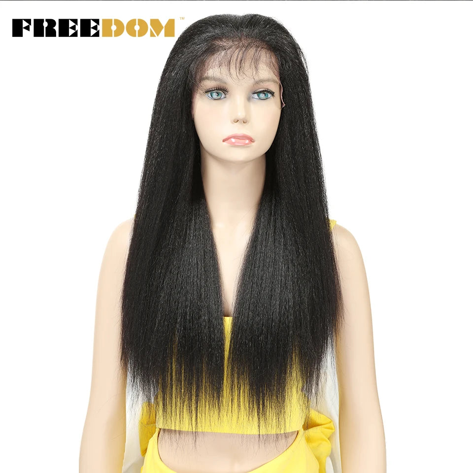 FREEDOM Synthetic Lace Front Wigs For Black Women Yaki Straight Long 26inch perruque Lace Wig Baby Hair Heat Resistant Fiber
