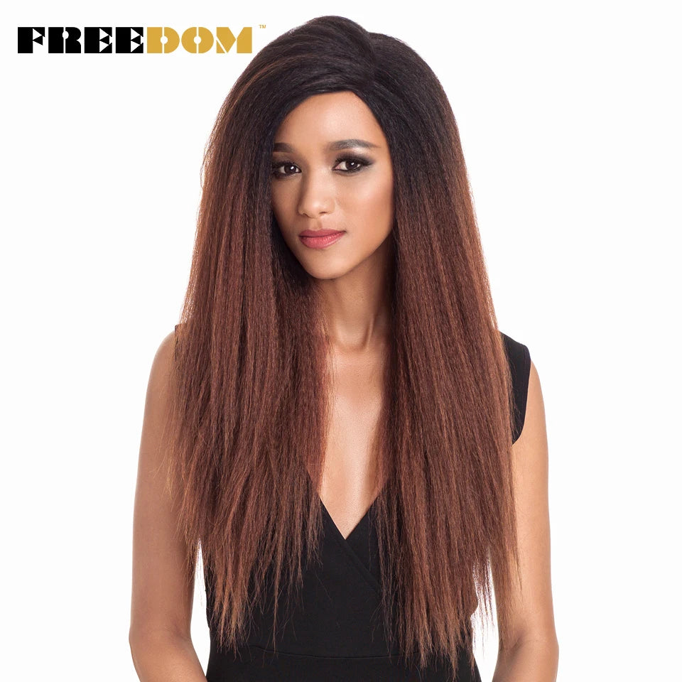 FREEDOM Synthetic Lace Front Wigs For Black Women Yaki Straight Long 26inch perruque Lace Wig Baby Hair Heat Resistant Fiber