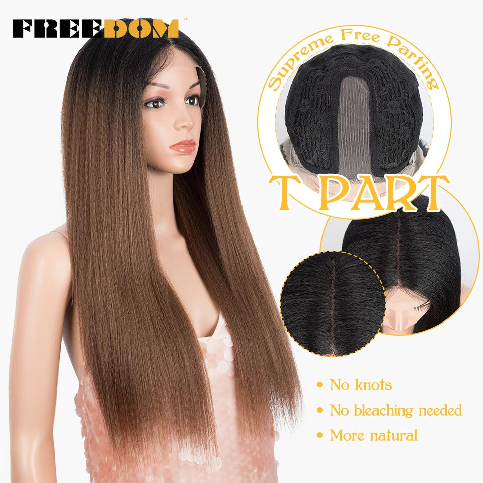 FREEDOM Synthetic Lace Front Wigs For Black Women Yaki Straight Long 26inch perruque Lace Wig Baby Hair Heat Resistant Fiber