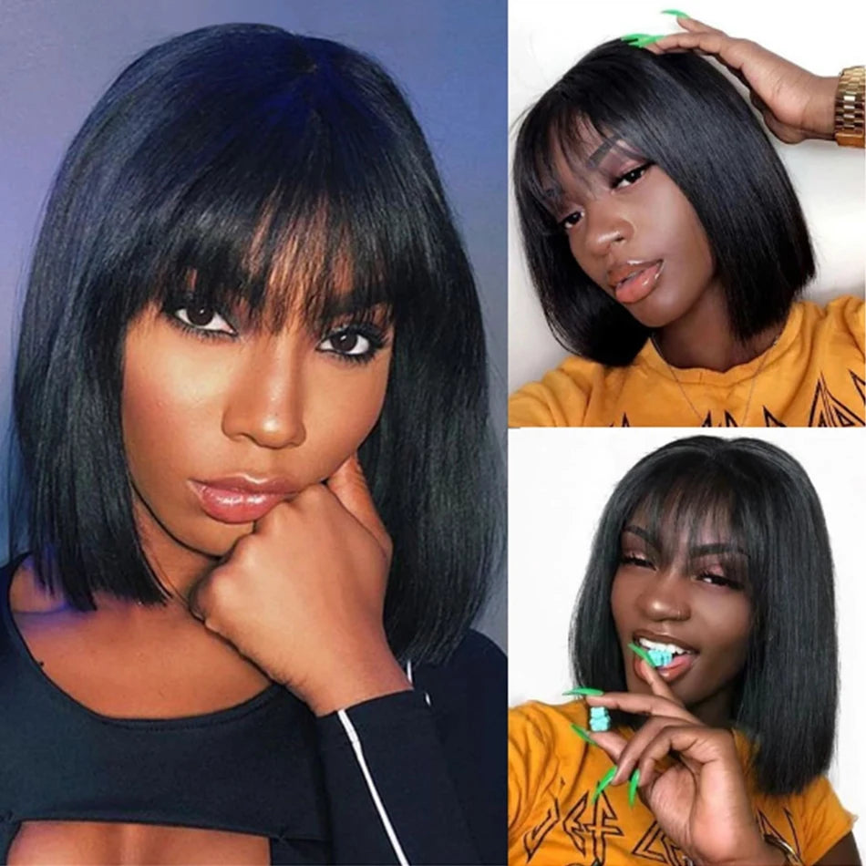 Straight Short Bob Wig With Bangs Vietnamese 100% Human Hair Double Drawn Bob Wigs Glueless Straight Wigs On Sale Clearance 250%