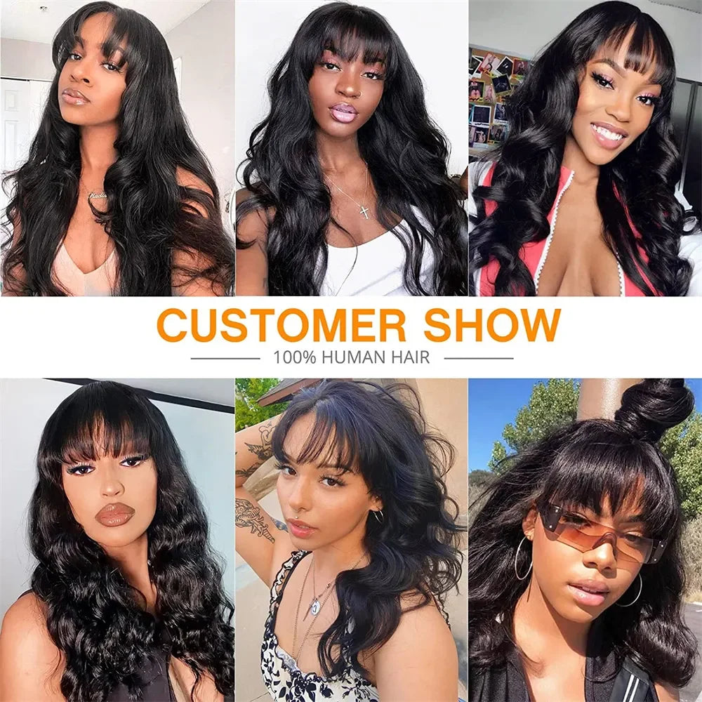 Brazilian 8-30 inches Body Wave Human Hair Wigs With Bang Virgin Hair 180% Density Full Machine Made Perruque For Black Women