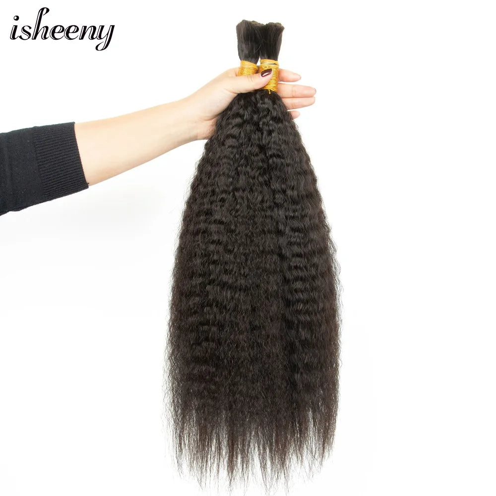 isheeny Kinky Straight Human Hair Extensions 16-24 inches Brazilian Remy Hair Bundles No Sewing Natural Black 50g Hair Bulk
