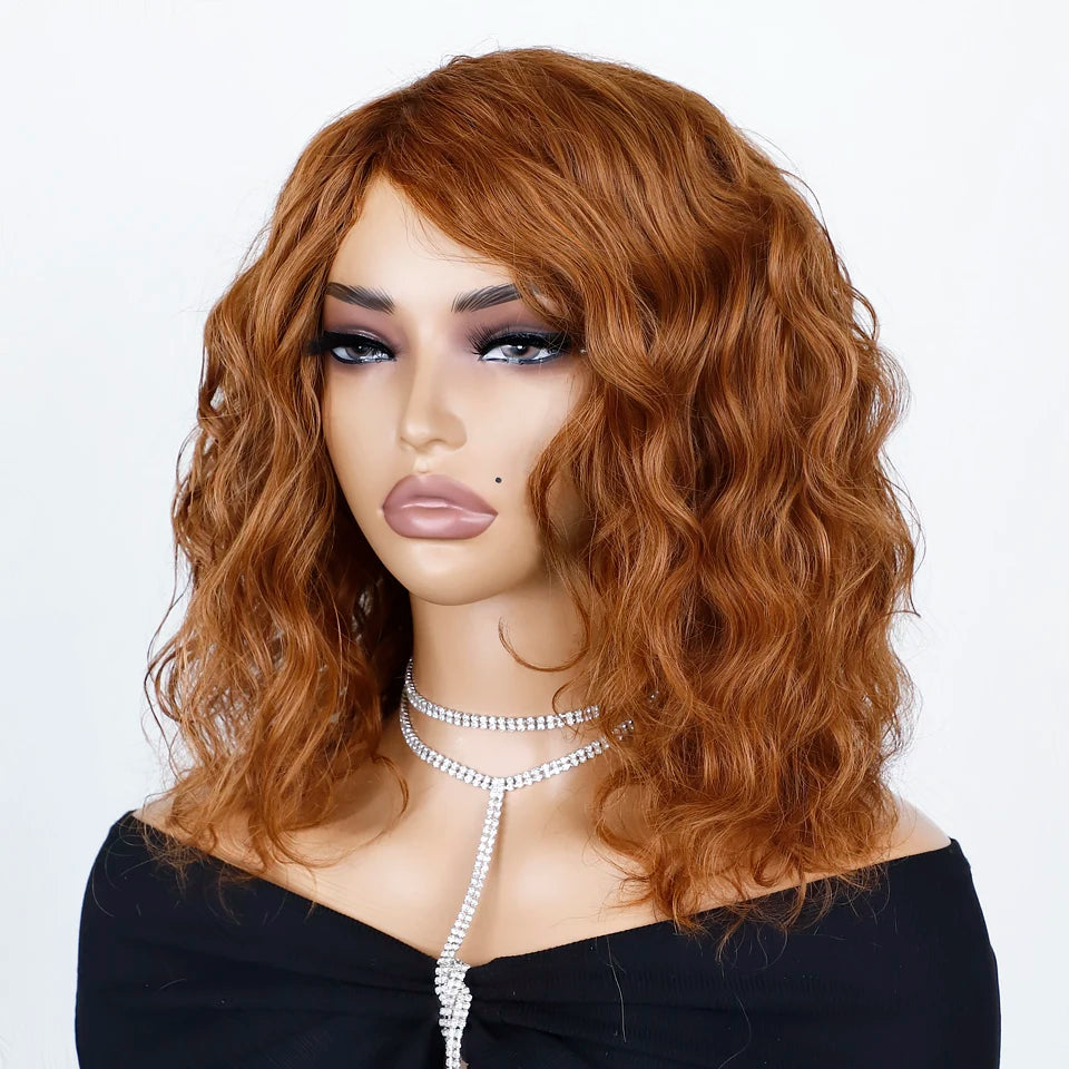 Put And Go Short Curly Wig With Fringe Bangs Honey Curly Bob Wigs Human Hair Side Part Pre Plucked Big Fluffy Brown Mixed Blonde