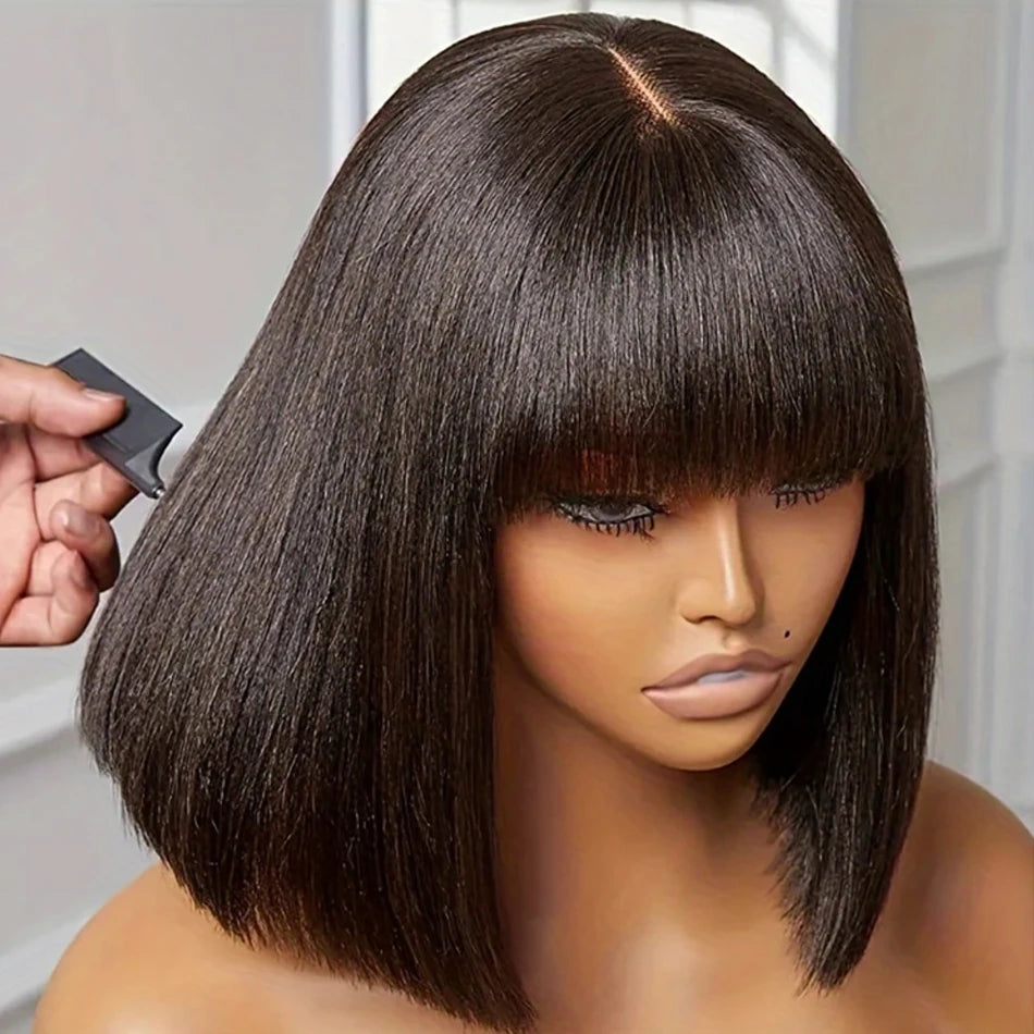Straight Short Bob Wig With Bangs Vietnamese 100% Human Hair Double Drawn Bob Wigs Glueless Straight Wigs On Sale Clearance 250%