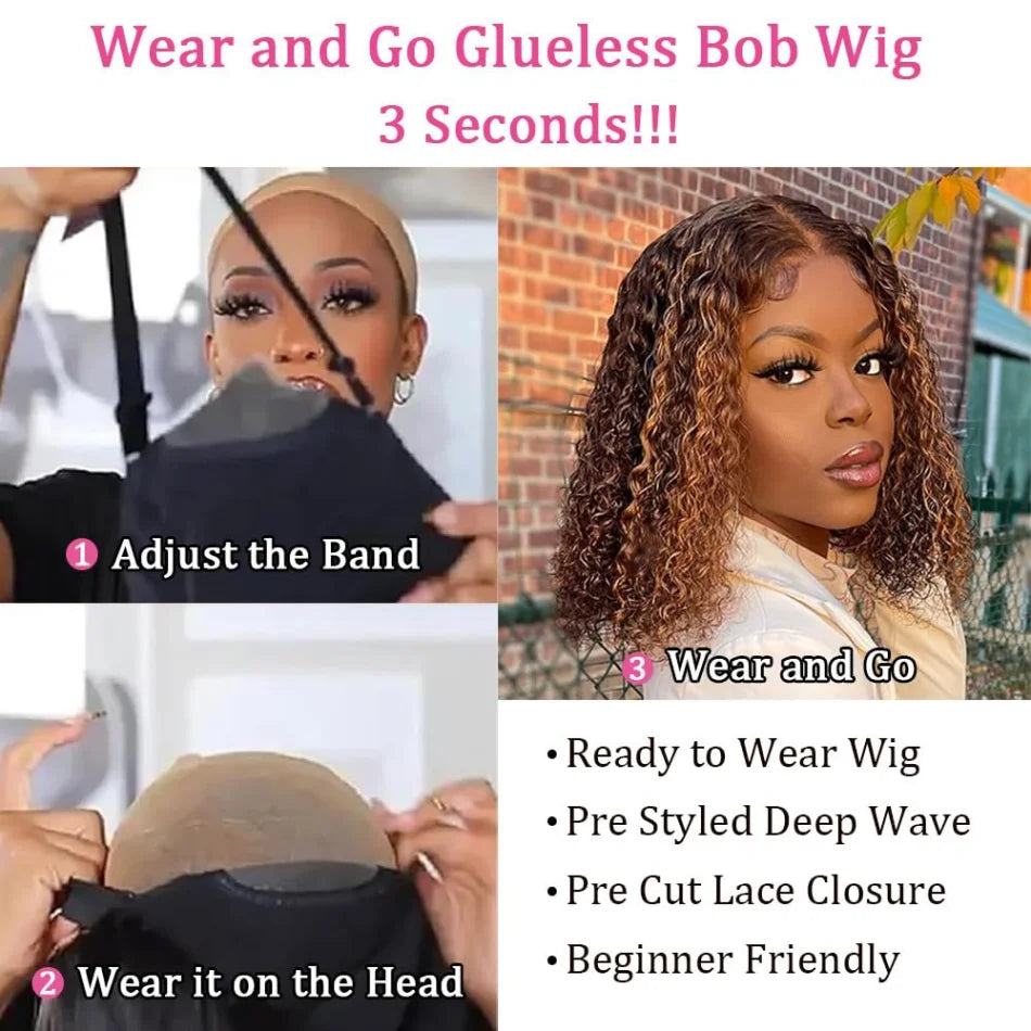 Glueless Lace Wigs Bob Wig Human Hair 100% Deep Wave Short Human Hair Wigs Highlight 5X5 Hd Lace Closure Wig Pre Plucked Pre Cut