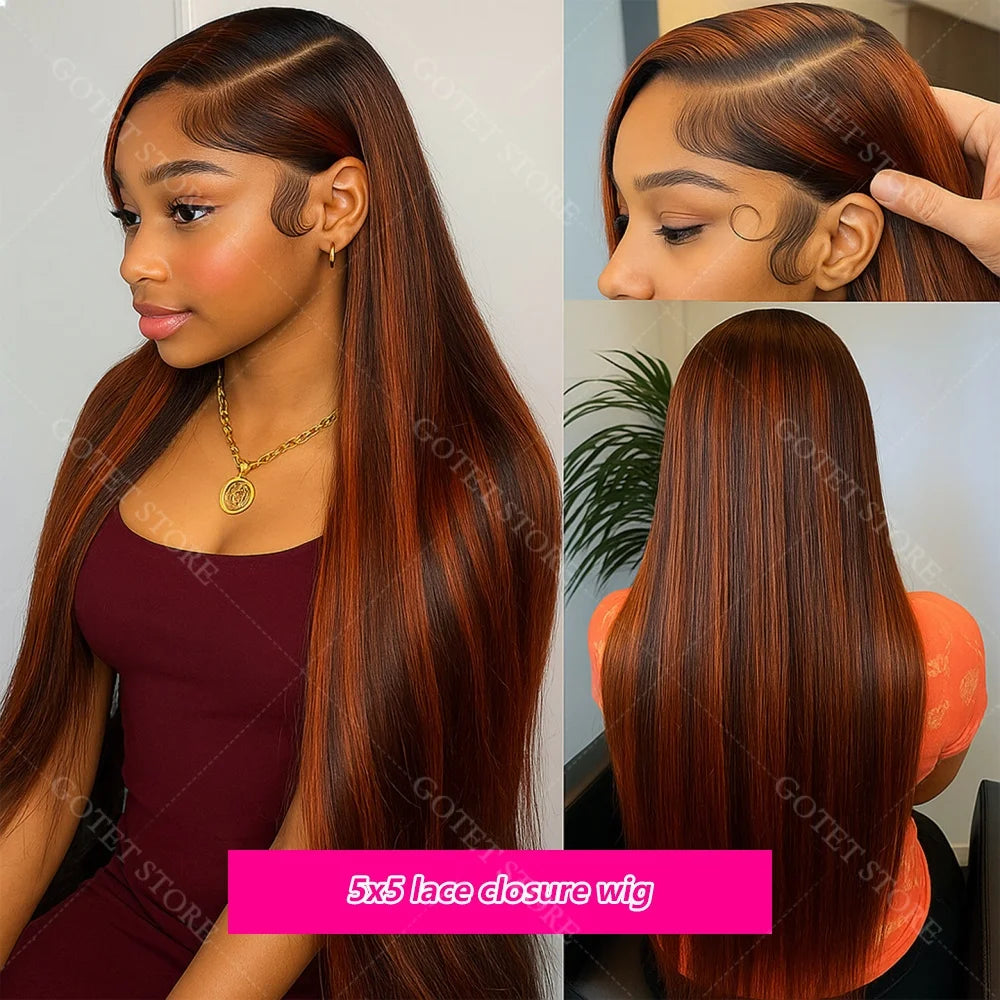 P4/350 Human Hair Highlight Ombre Straigh HD Lace Front Wigs 30 32 Inch Brown 5x5 Lace Frontal Wig Water Brazilian