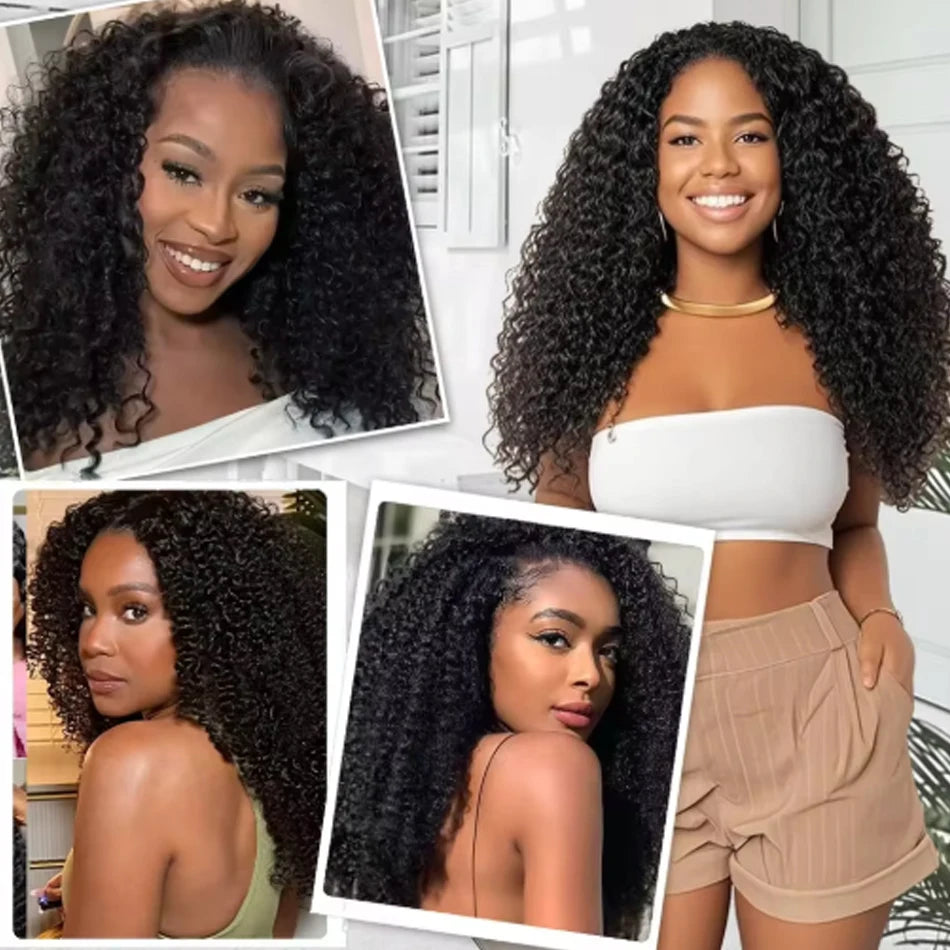 Wear and Go Flip Over Drawstring Glueless Curly Human Hair 100% Afro Curly Raw Hair Wigs Kinky Curls Wig Half Wig Half Head Wig