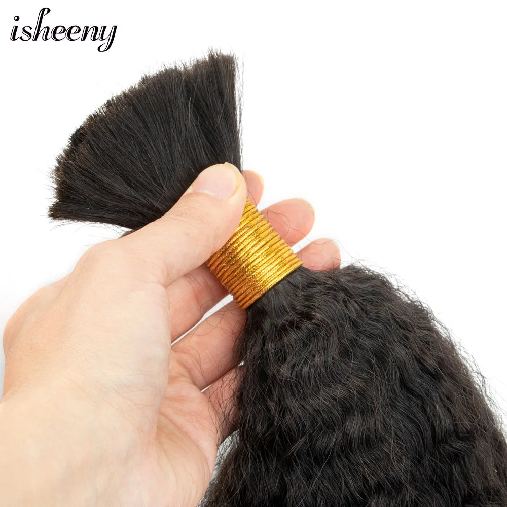 isheeny Kinky Straight Human Hair Extensions 16-24 inches Brazilian Remy Hair Bundles No Sewing Natural Black 50g Hair Bulk