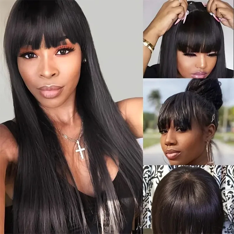 FGX-Peruvian Straight Full Machine Made Perruque with Bang Natural Color Human Hair Wig For Women Pre-Plucked Virgin Hair Wig