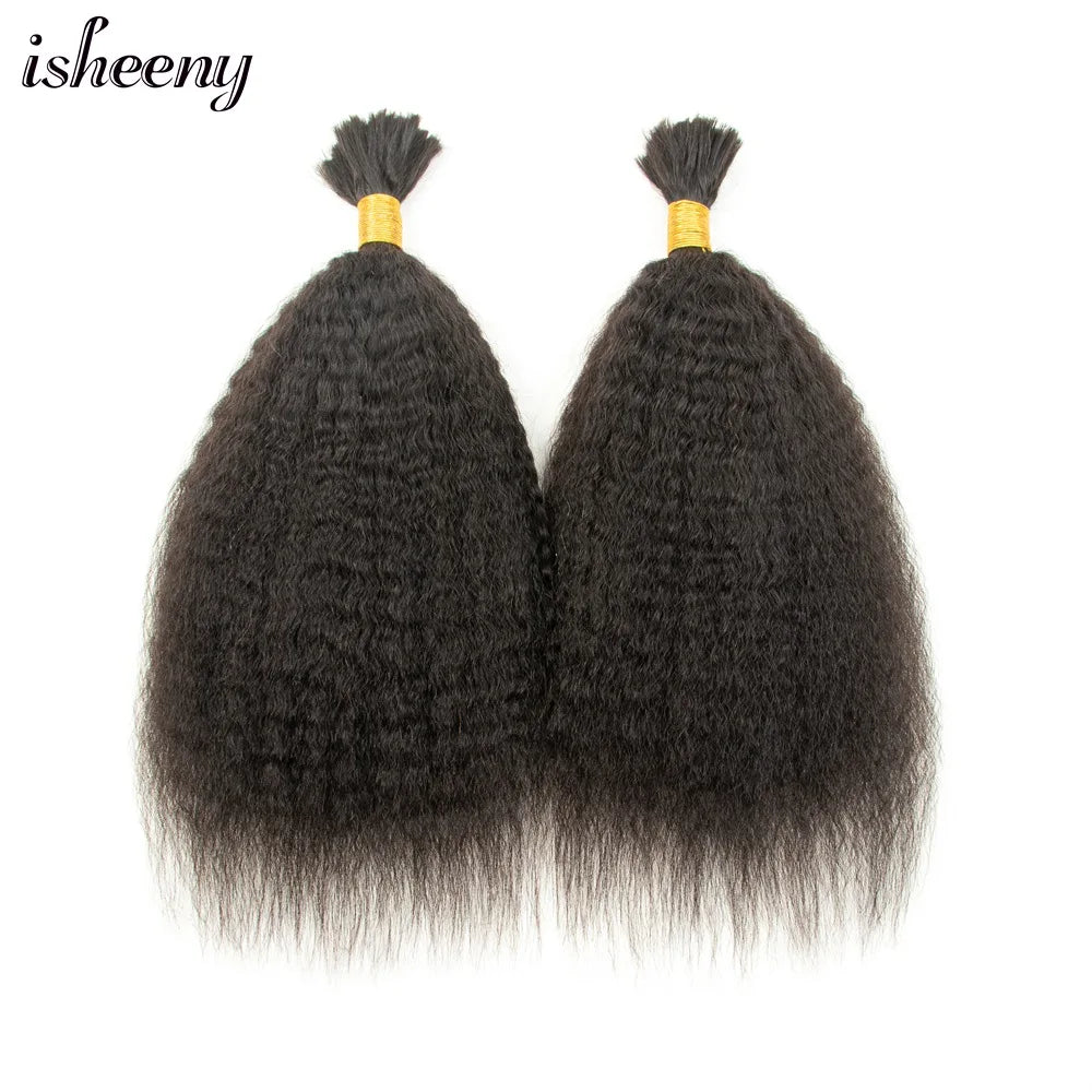isheeny Kinky Straight Human Hair Extensions 16-24 inches Brazilian Remy Hair Bundles No Sewing Natural Black 50g Hair Bulk