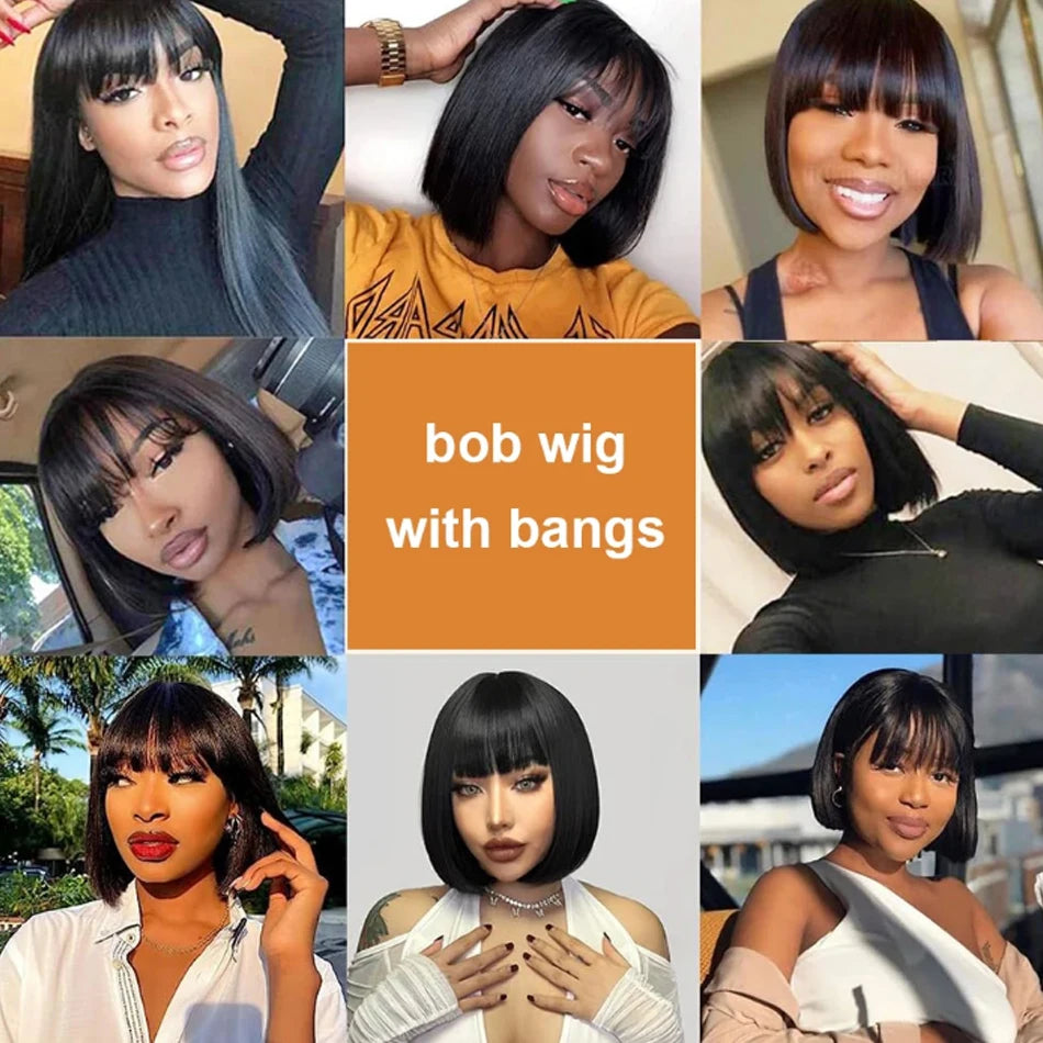 Straight Short Bob Wig With Bangs Vietnamese 100% Human Hair Double Drawn Bob Wigs Glueless Straight Wigs On Sale Clearance 250%