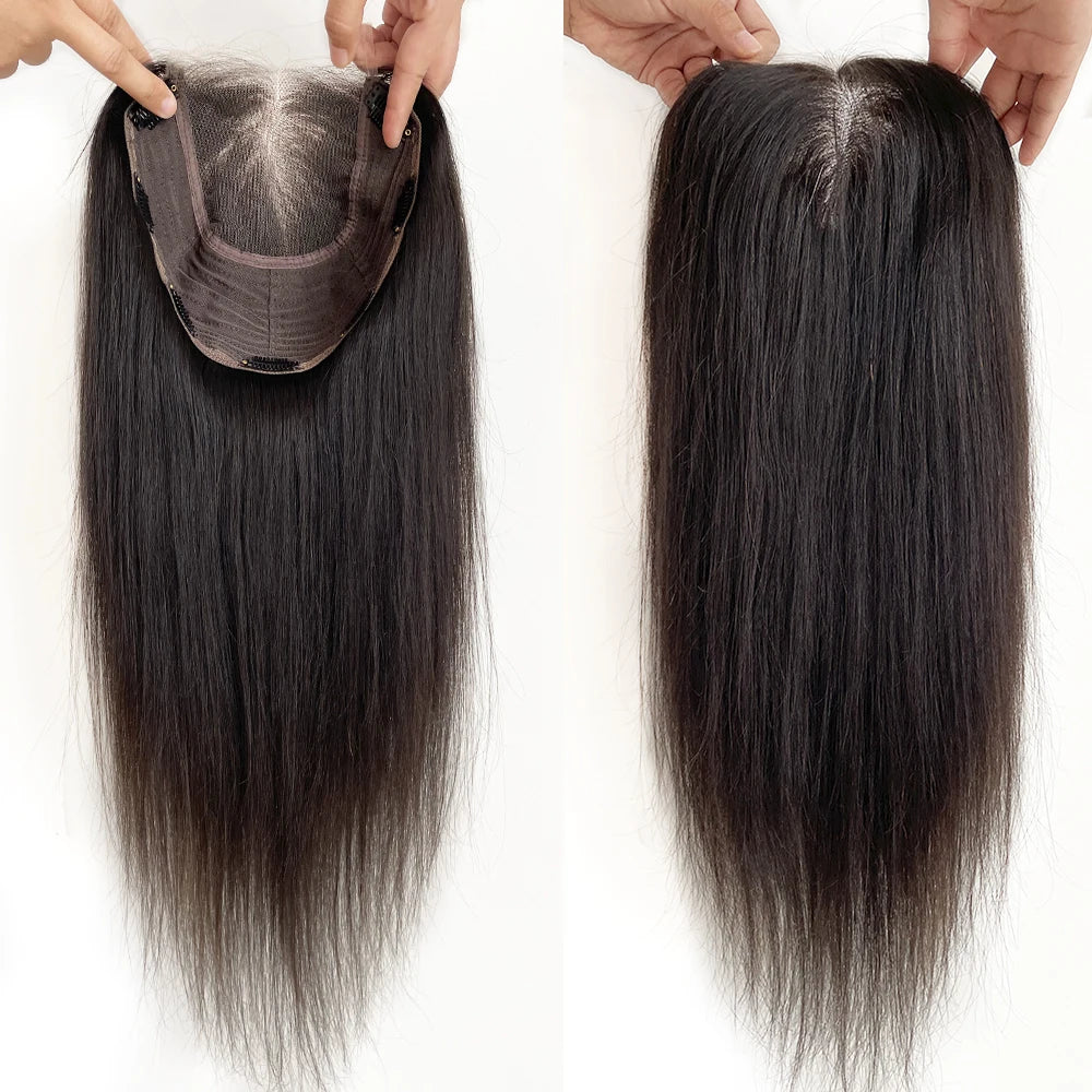 Best Virgin Human Hair 8X8 Inch Wefted Topper with 4X4 Inch HD Lace Base Topper Natural Black Brown Hair Clips In Hairpieces