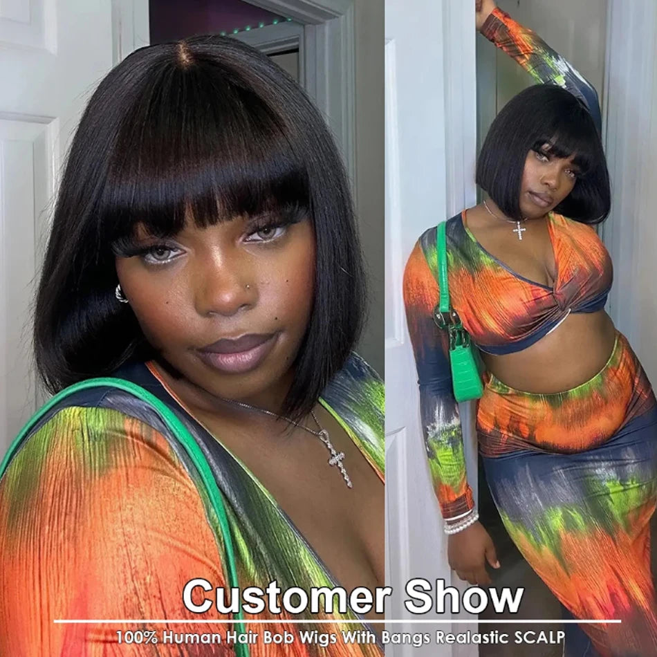 Straight Short Bob Wig With Bangs Vietnamese 100% Human Hair Double Drawn Bob Wigs Glueless Straight Wigs On Sale Clearance 250%