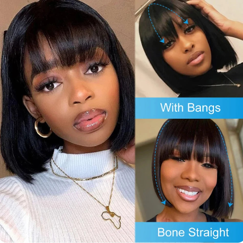 Straight Short Bob Wig With Bangs Vietnamese 100% Human Hair Double Drawn Bob Wigs Glueless Straight Wigs On Sale Clearance 250%