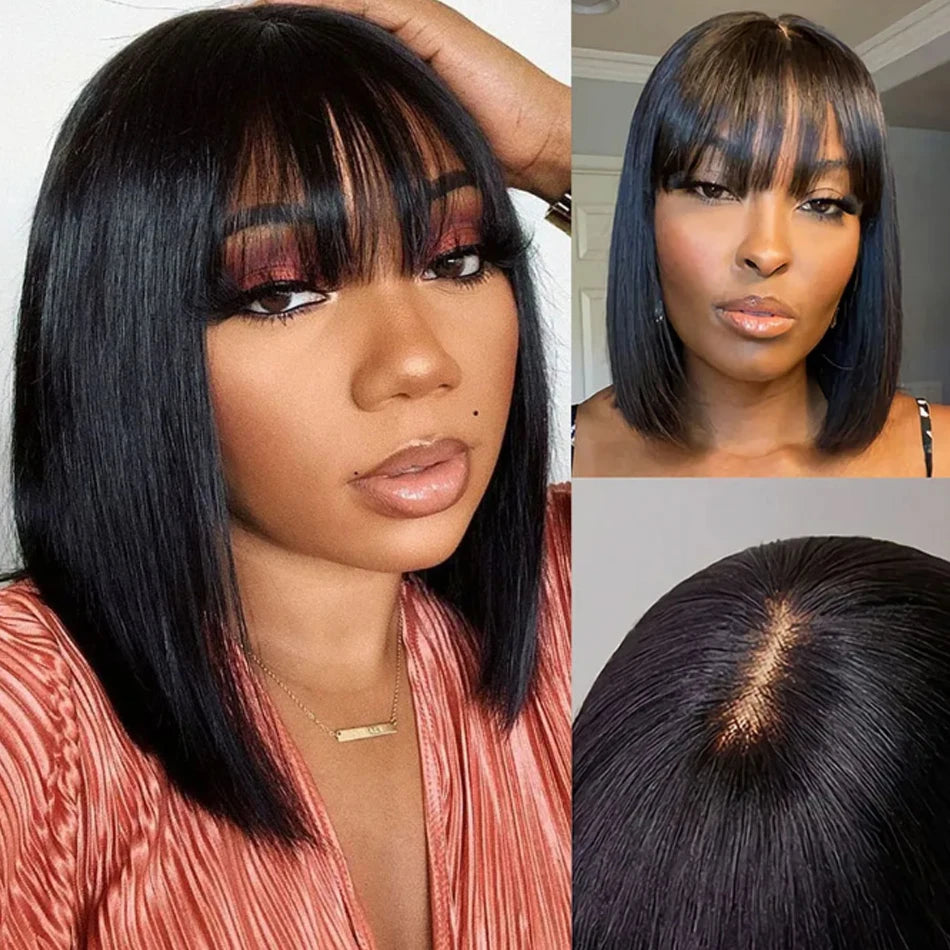 Straight Short Bob Wig With Bangs Vietnamese 100% Human Hair Double Drawn Bob Wigs Glueless Straight Wigs On Sale Clearance 250%