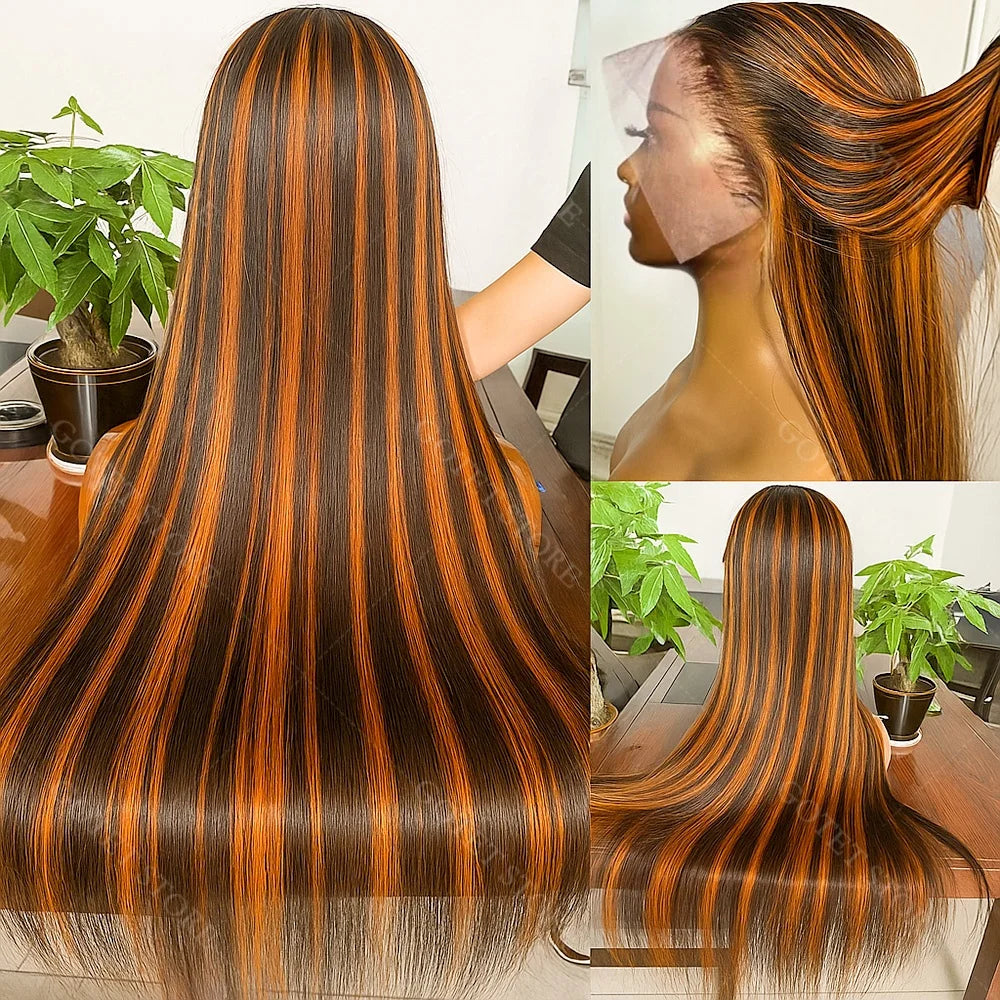 P4/350 Human Hair Highlight Ombre Straigh HD Lace Front Wigs 30 32 Inch Brown 5x5 Lace Frontal Wig Water Brazilian