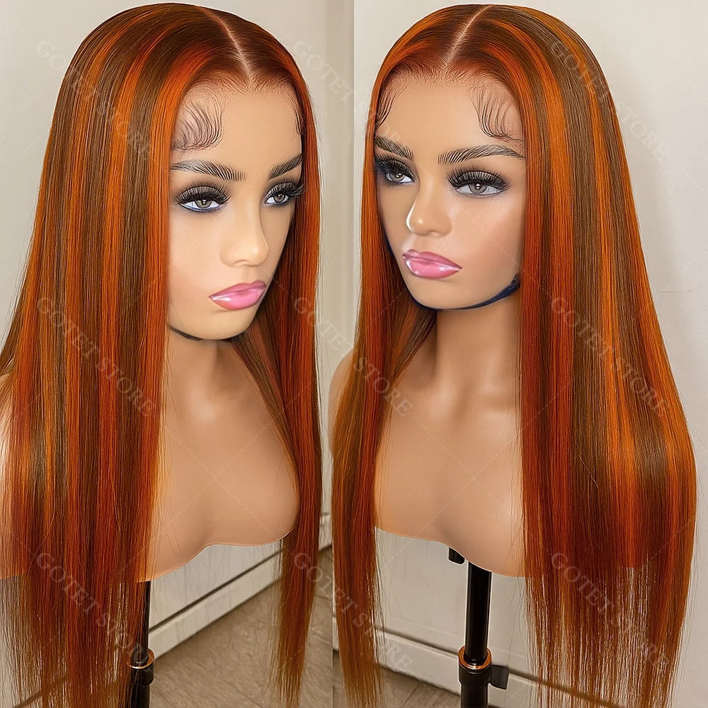 P4/350 Human Hair Highlight Ombre Straigh HD Lace Front Wigs 30 32 Inch Brown 5x5 Lace Frontal Wig Water Brazilian