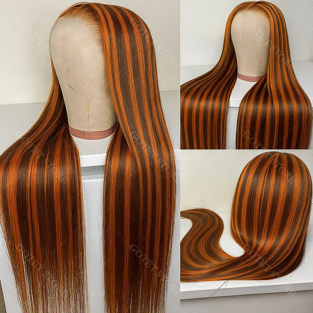 P4/350 Human Hair Highlight Ombre Straigh HD Lace Front Wigs 30 32 Inch Brown 5x5 Lace Frontal Wig Water Brazilian
