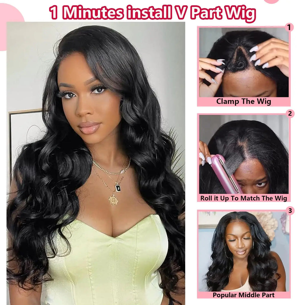 V Part Wig Human Hair Body Wave Remy Raw Human Hair 32 Inch 180% No Glue Brazilian Loose Wavy V Part Human Hair Wigs for Women
