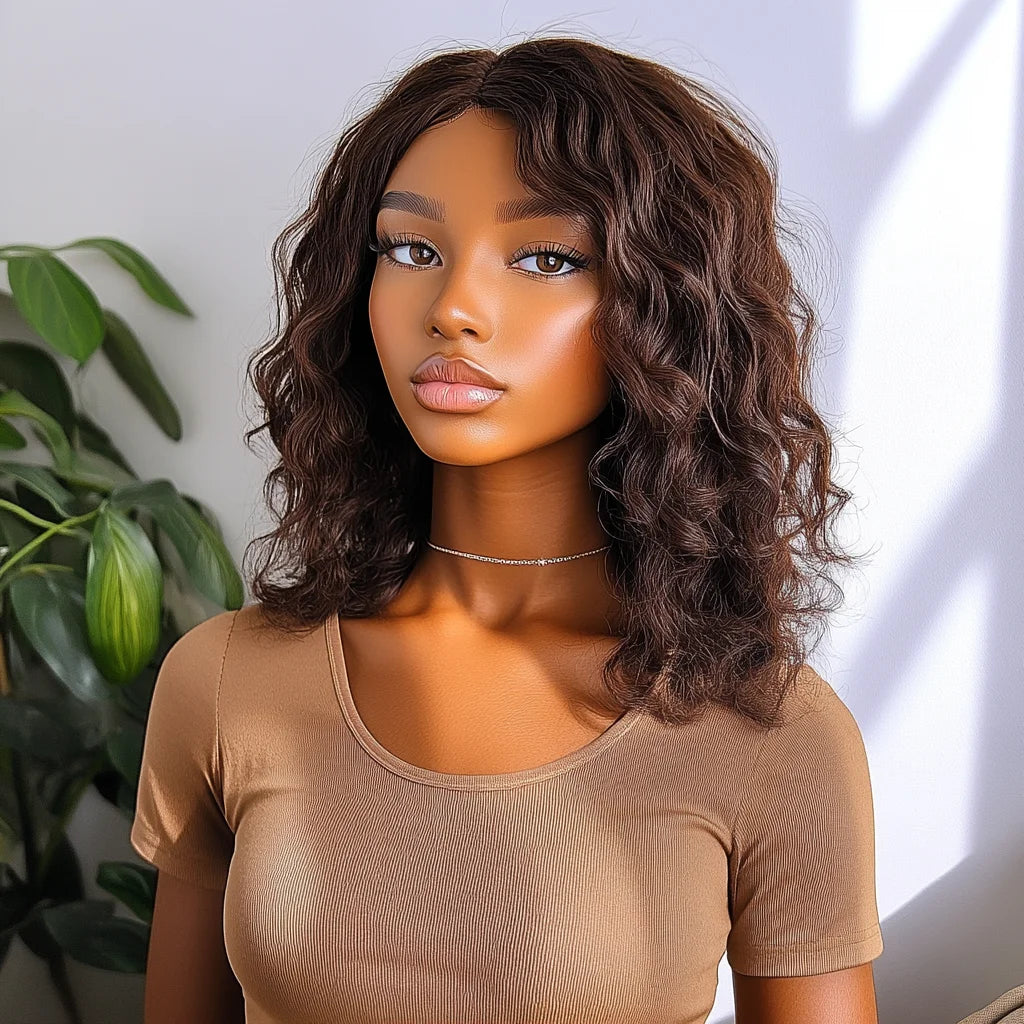 Brazilian Human Hair Wig For Black Women Curly Wig With Bangs Curly Bob Wigs Human Hair Side Part Fluffy Brown Mixed Blonde