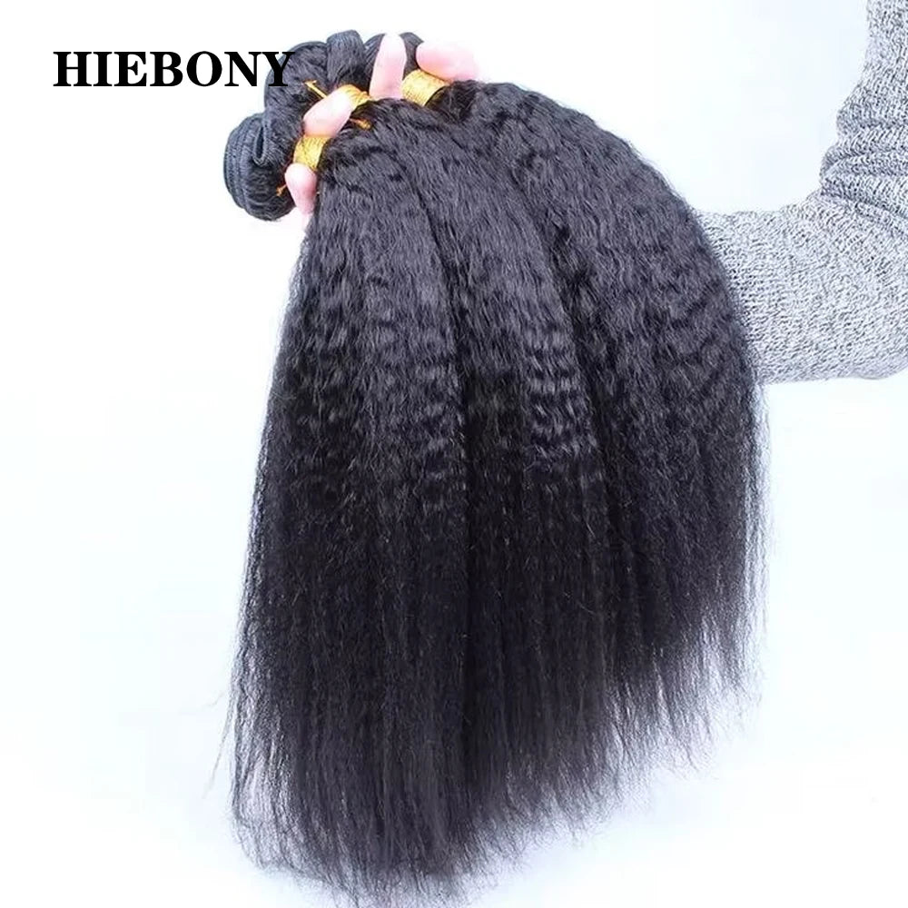 HiEbony Hair Kinky Straight Hair Bundle Extensions 100% Human Hair Brazilian Virgin Hair Weaves Natural Color Thick Hair Bundle