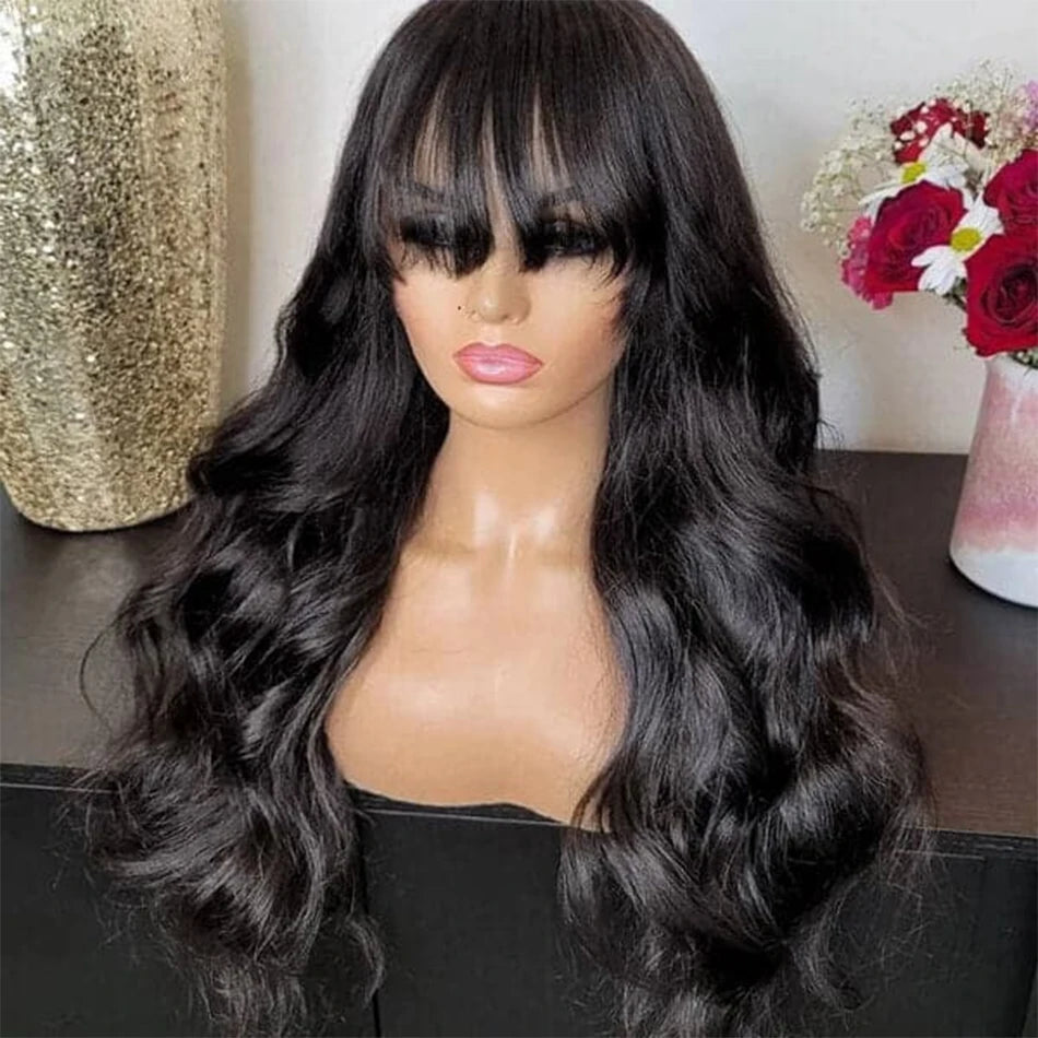 Brazilian 8-30 inches Body Wave Human Hair Wigs With Bang Virgin Hair 180% Density Full Machine Made Perruque For Black Women