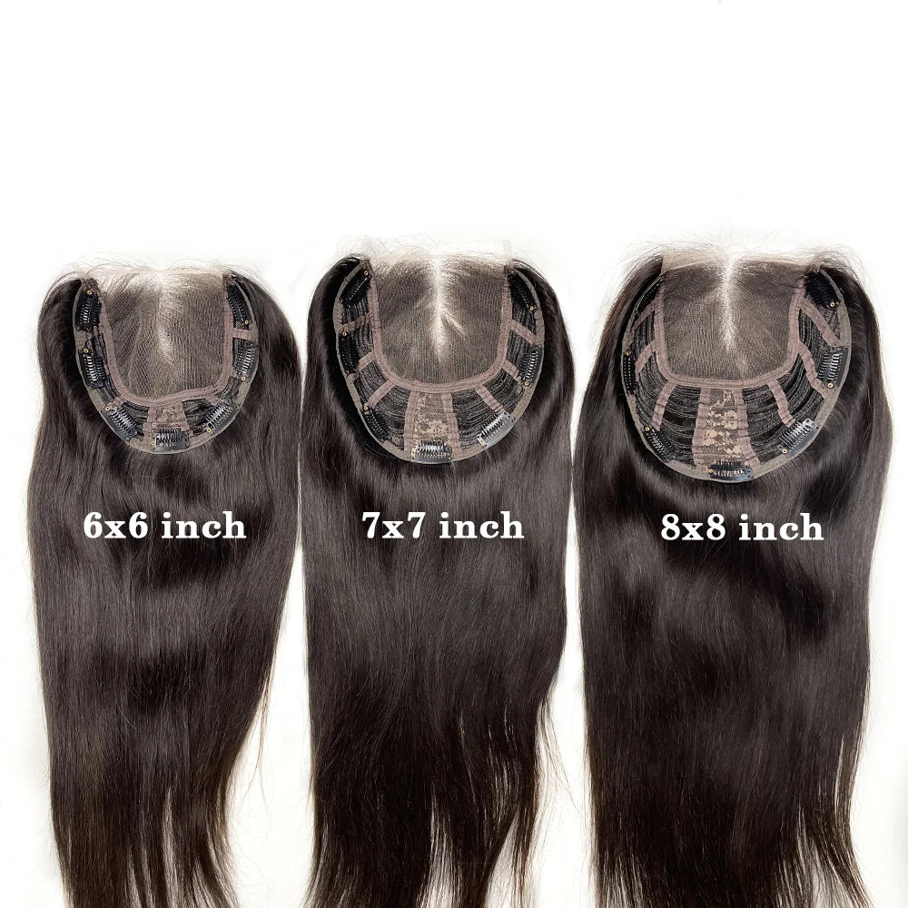 Best Virgin Human Hair 8X8 Inch Wefted Topper with 4X4 Inch HD Lace Base Topper Natural Black Brown Hair Clips In Hairpieces