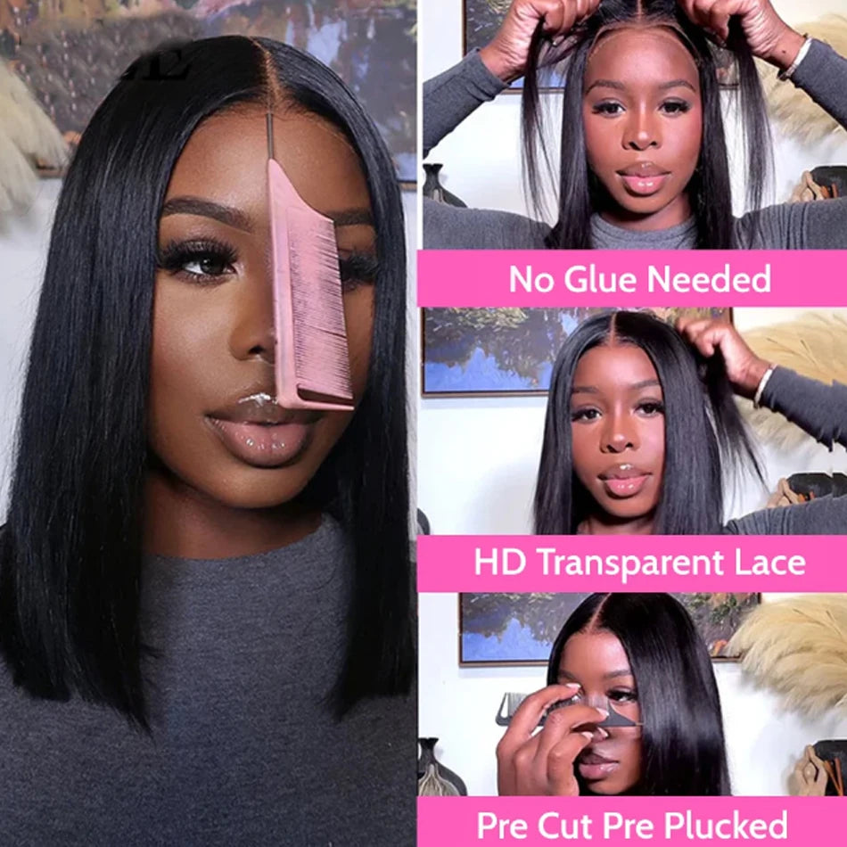 250% Density Straight Wear And Go Glueless Bob Wig For Women Ready To Go Human Hair Wigs 13x4 Lace Closure Wig 100% Human Hair