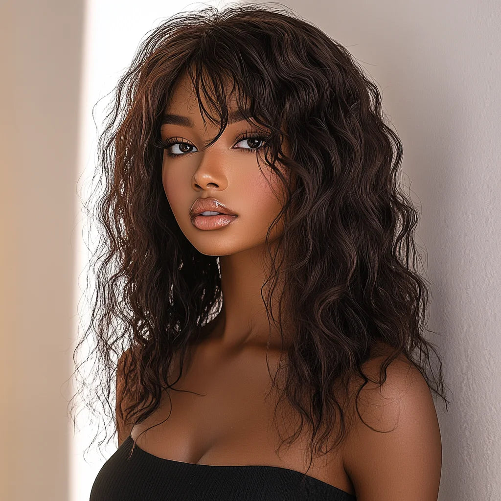 Brazilian Human Hair Wig For Black Women Curly Wig With Bangs Curly Bob Wigs Human Hair Side Part Fluffy Brown Mixed Blonde