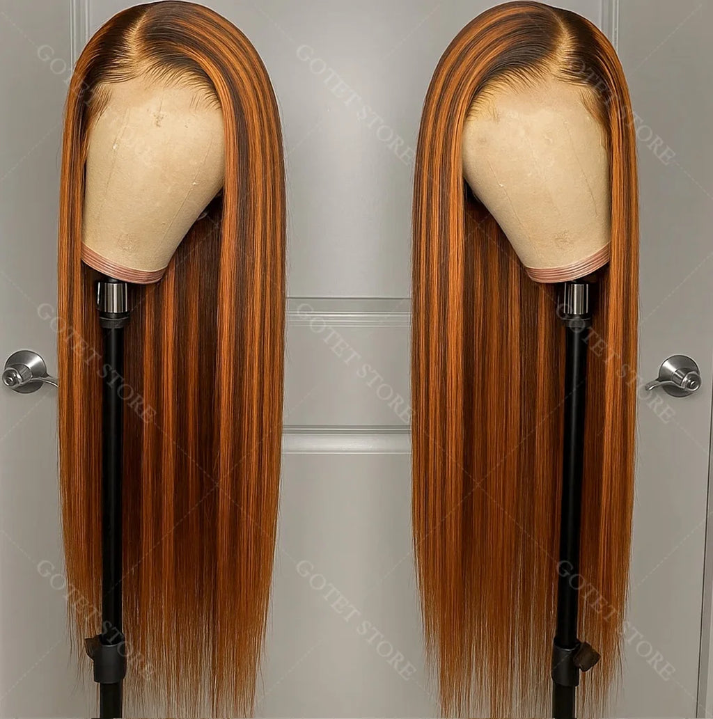 P4/350 Human Hair Highlight Ombre Straigh HD Lace Front Wigs 30 32 Inch Brown 5x5 Lace Frontal Wig Water Brazilian