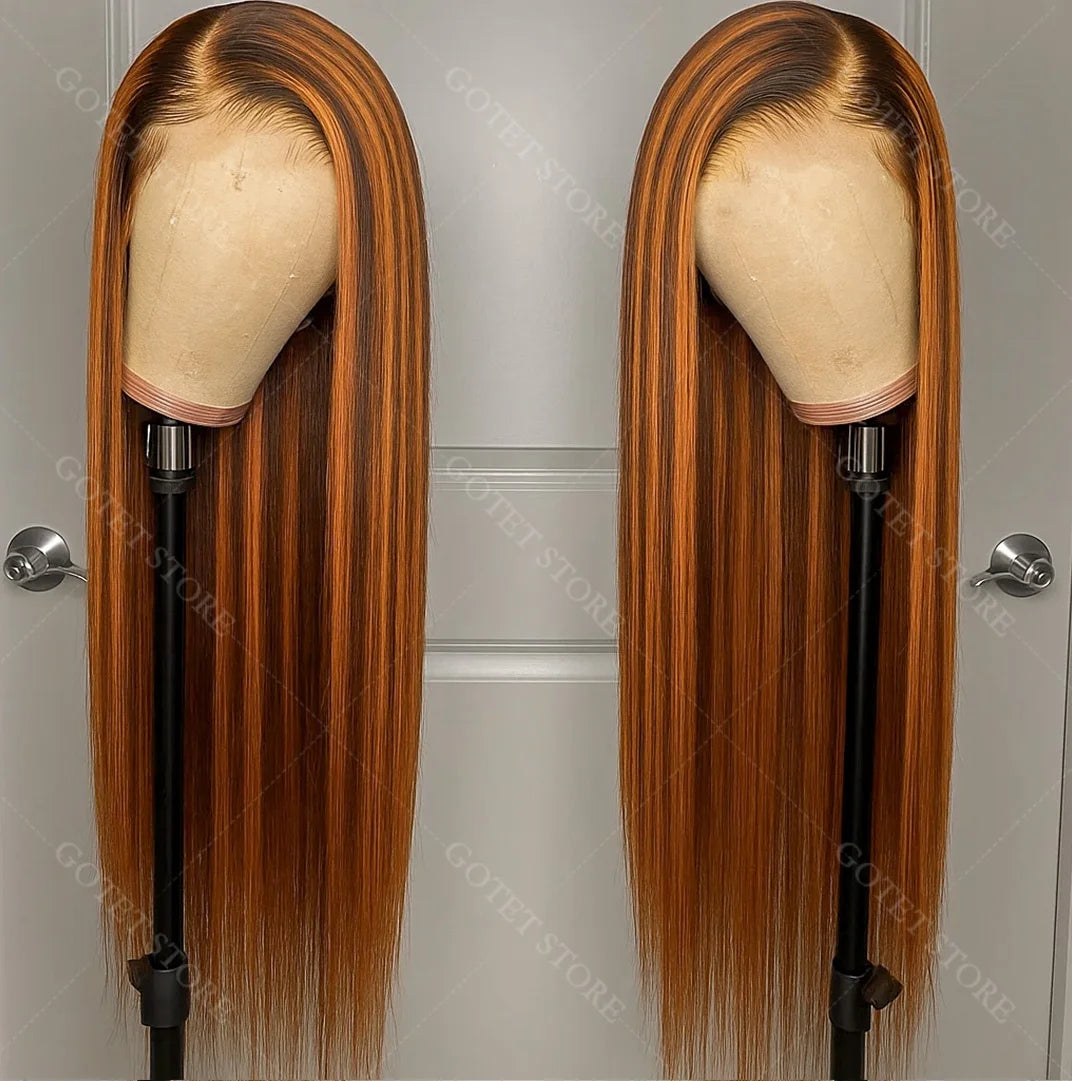 P4/350 Human Hair Highlight Ombre Straigh HD Lace Front Wigs 30 32 Inch Brown 5x5 Lace Frontal Wig Water Brazilian