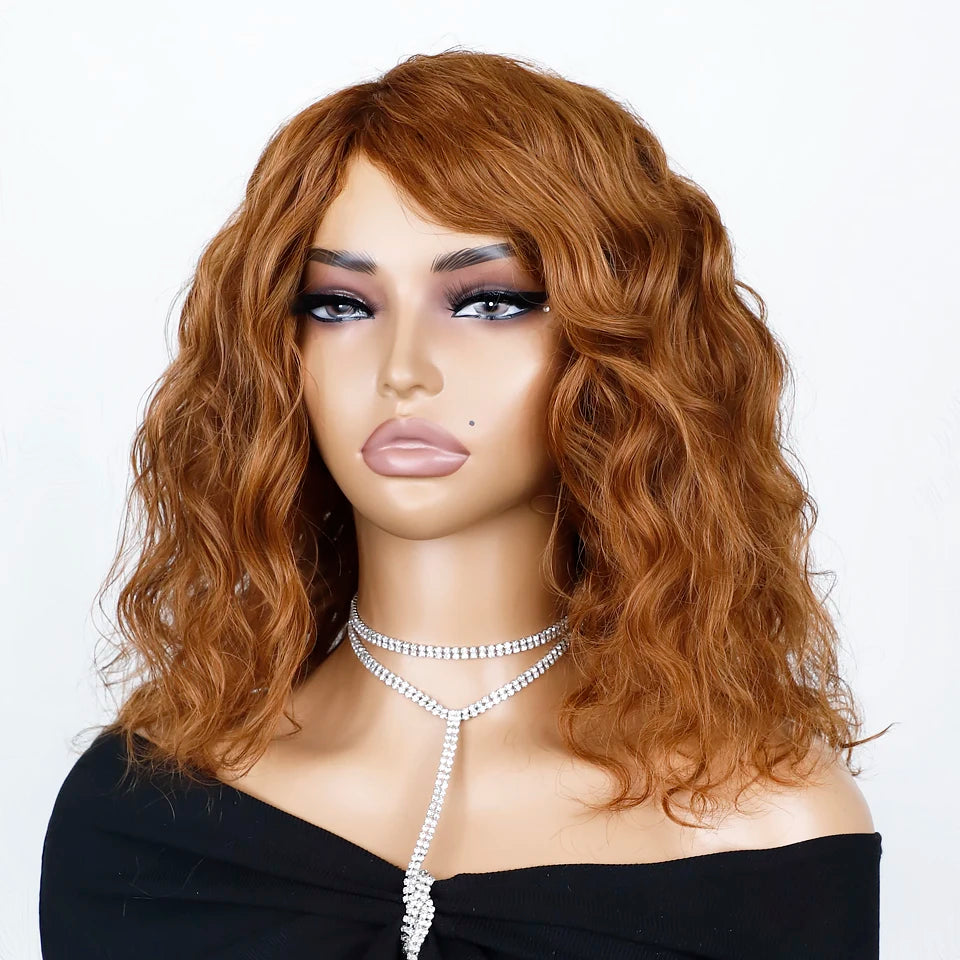 Put And Go Short Curly Wig With Fringe Bangs Honey Curly Bob Wigs Human Hair Side Part Pre Plucked Big Fluffy Brown Mixed Blonde