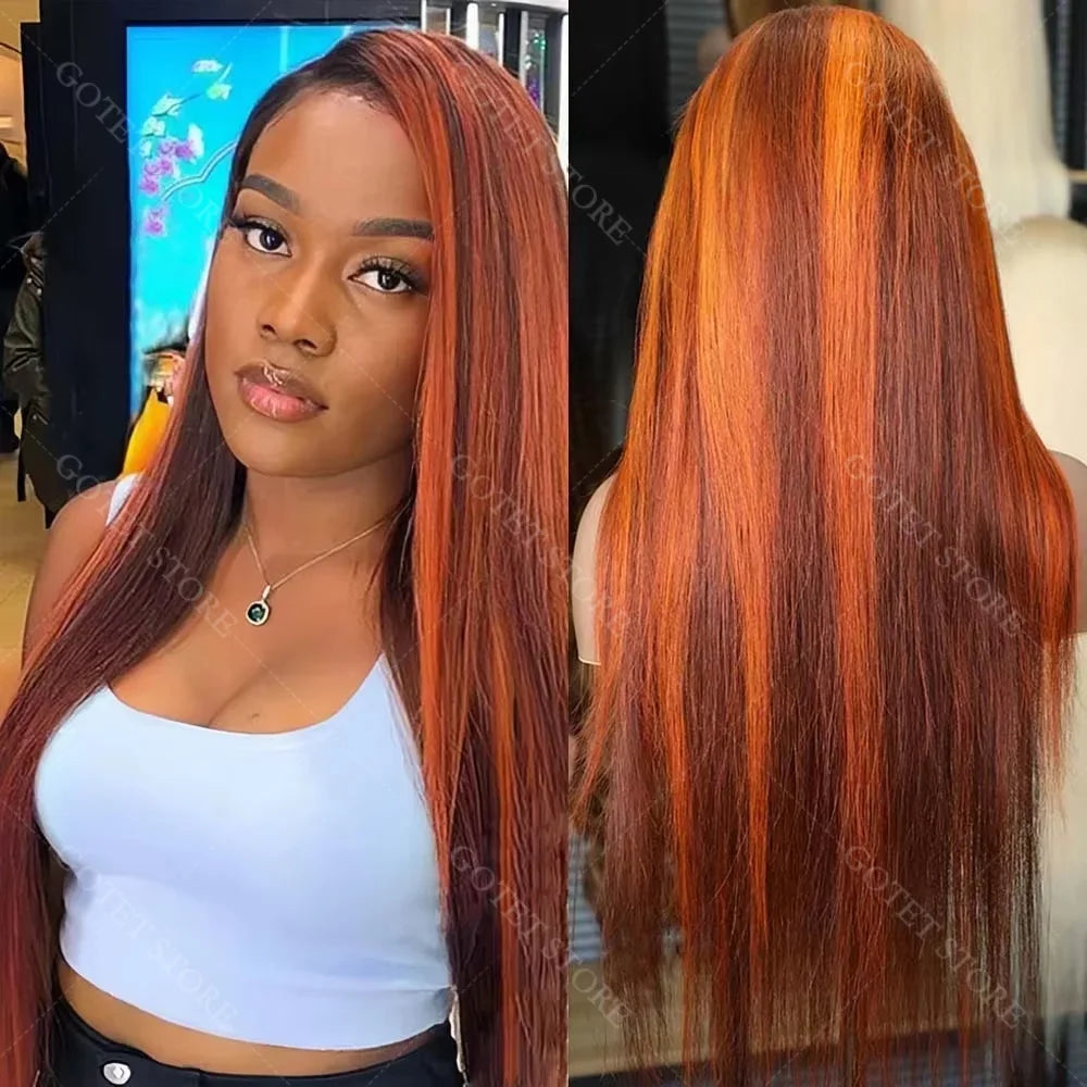 P4/350 Human Hair Highlight Ombre Straigh HD Lace Front Wigs 30 32 Inch Brown 5x5 Lace Frontal Wig Water Brazilian