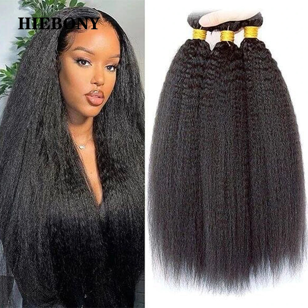 HiEbony Hair Kinky Straight Hair Bundle Extensions 100% Human Hair Brazilian Virgin Hair Weaves Natural Color Thick Hair Bundle