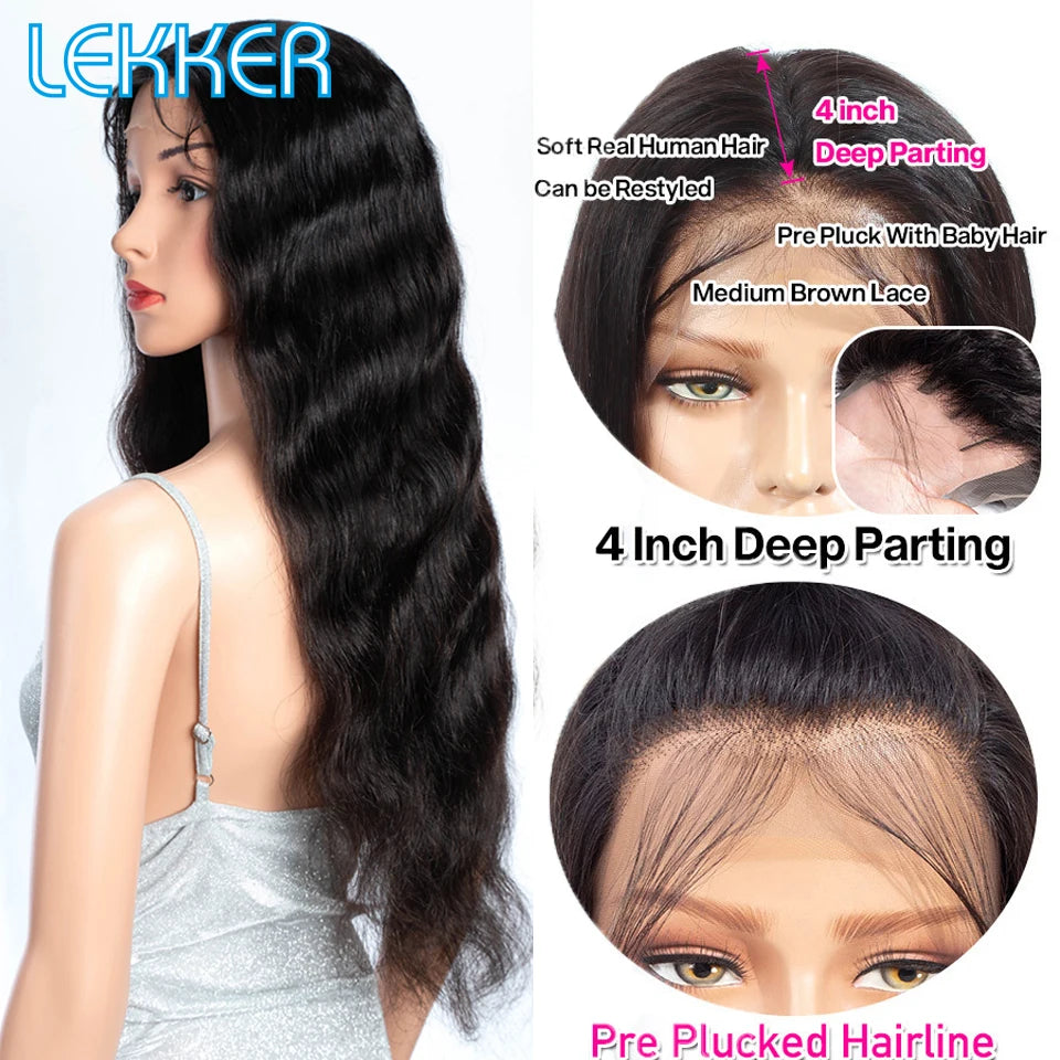 Lekker Black Long Wavy 13x1 T Part Lace Front 100% Human Hair Wigs For Women Brazilian Remy Hair Body Wave Clearance Glueless