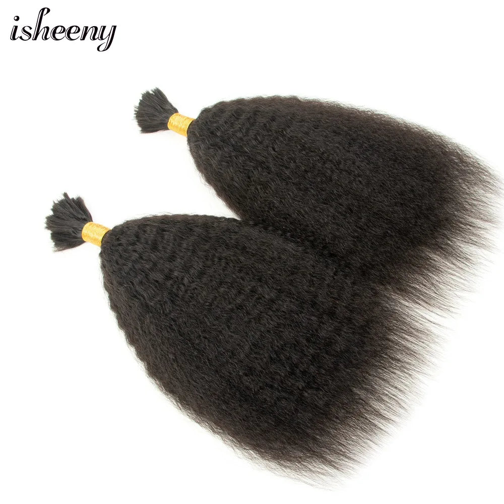 isheeny Kinky Straight Human Hair Extensions 16-24 inches Brazilian Remy Hair Bundles No Sewing Natural Black 50g Hair Bulk