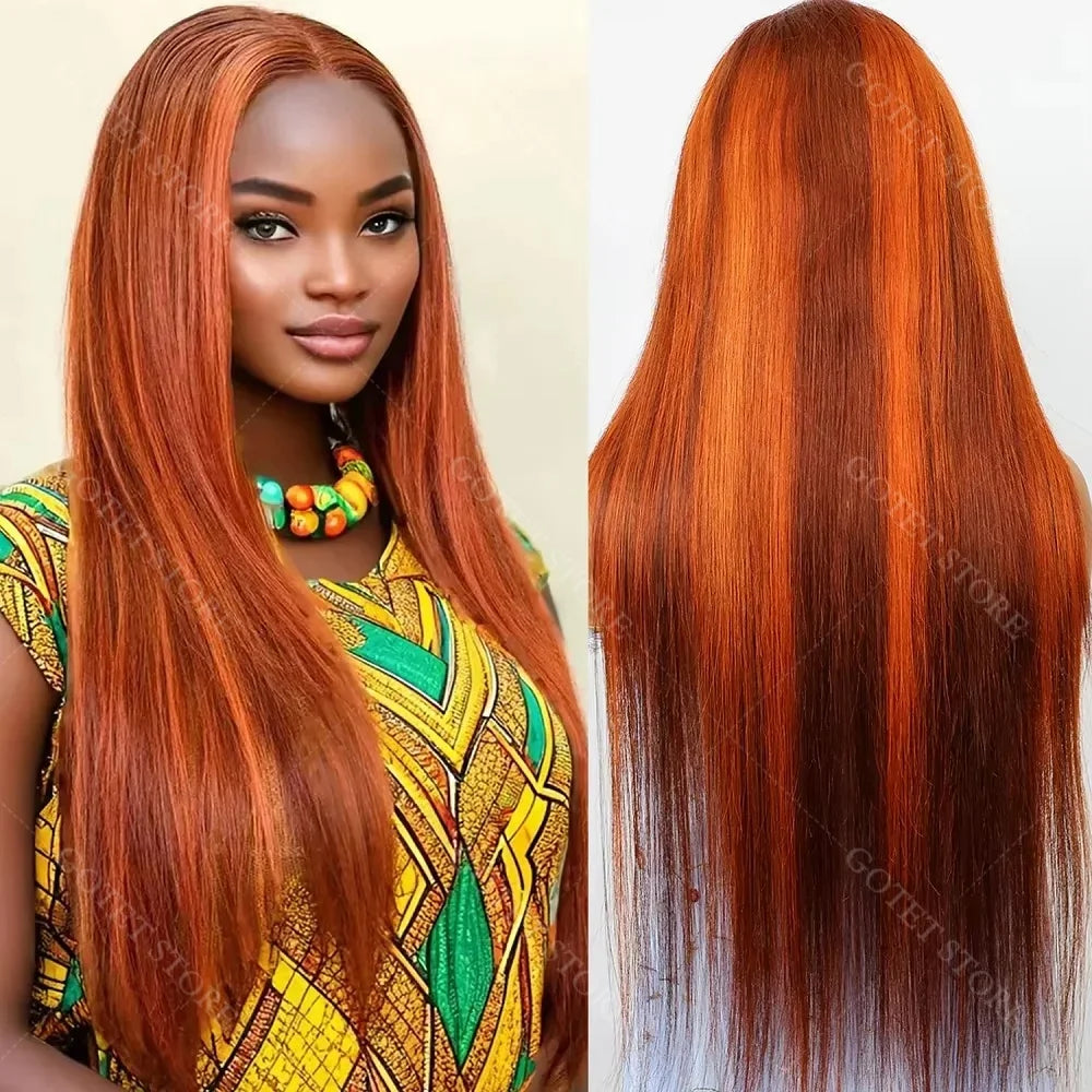 P4/350 Human Hair Highlight Ombre Straigh HD Lace Front Wigs 30 32 Inch Brown 5x5 Lace Frontal Wig Water Brazilian