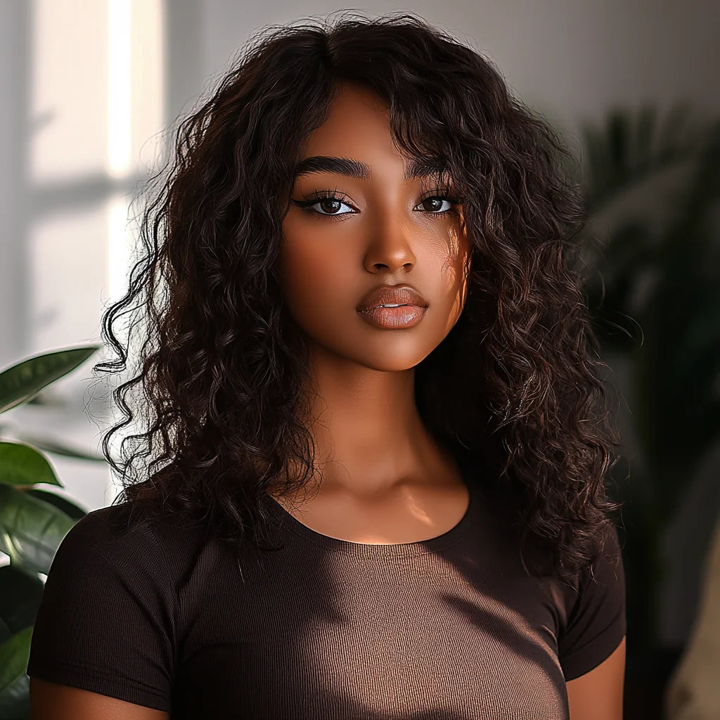 Brazilian Human Hair Wig For Black Women Curly Wig With Bangs Curly Bob Wigs Human Hair Side Part Fluffy Brown Mixed Blonde