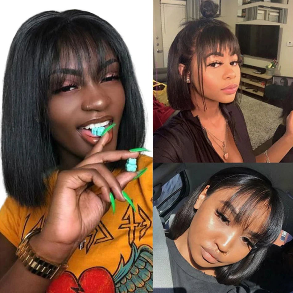 Straight Short Bob Wig With Bangs Vietnamese 100% Human Hair Double Drawn Bob Wigs Glueless Straight Wigs On Sale Clearance 250%