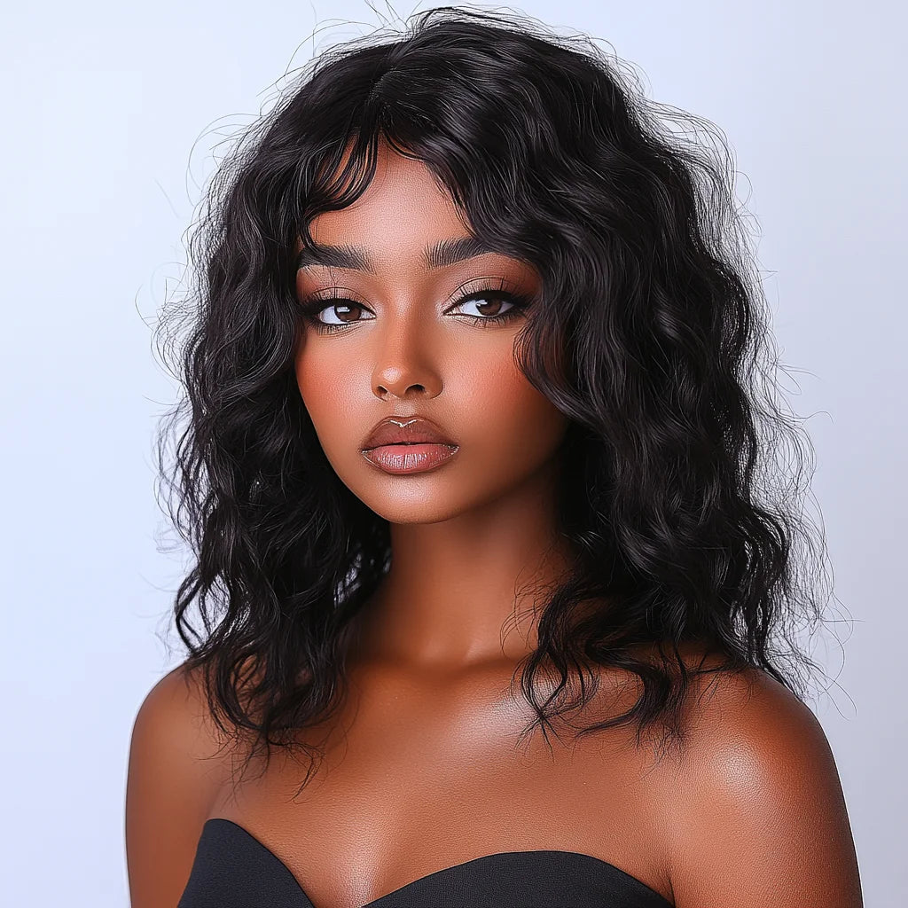 Brazilian Human Hair Wig For Black Women Curly Wig With Bangs Curly Bob Wigs Human Hair Side Part Fluffy Brown Mixed Blonde