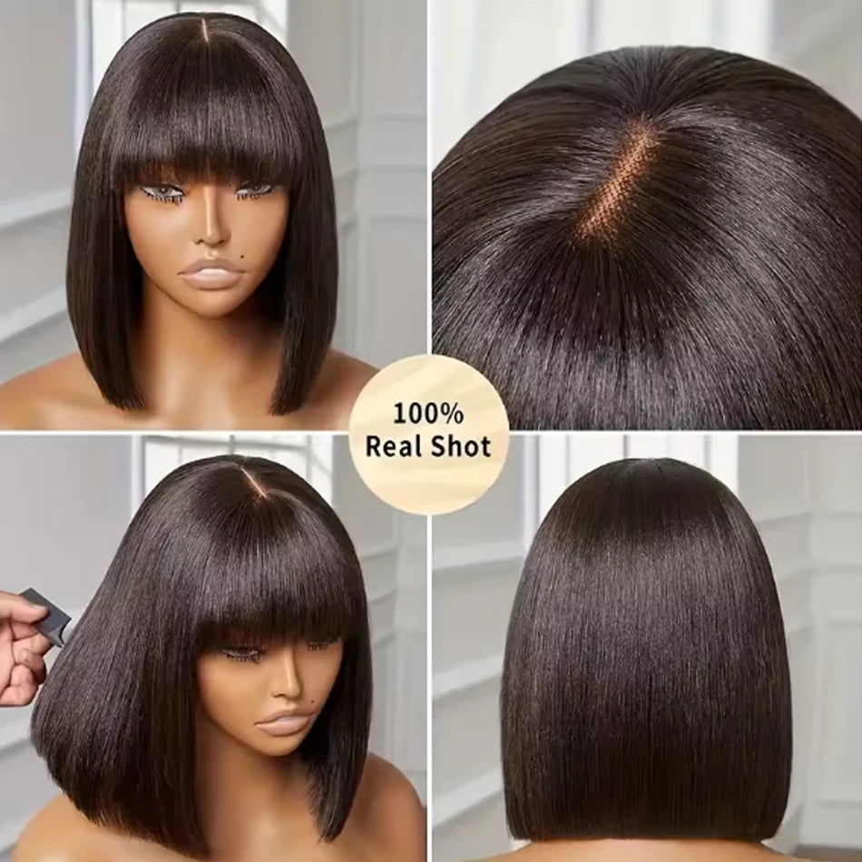 Straight Short Bob Wig With Bangs Vietnamese 100% Human Hair Double Drawn Bob Wigs Glueless Straight Wigs On Sale Clearance 250%