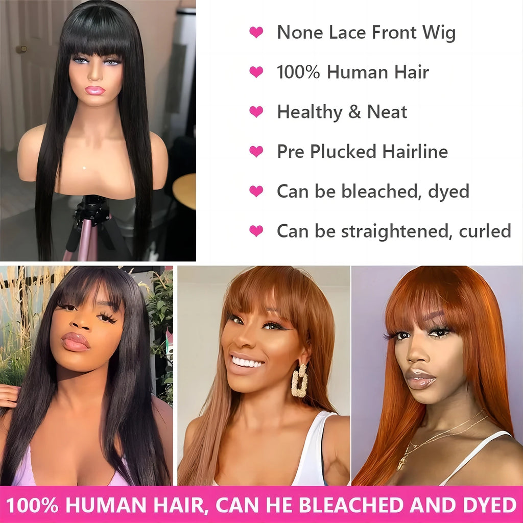 FGX-Peruvian Straight Full Machine Made Perruque with Bang Natural Color Human Hair Wig For Women Pre-Plucked Virgin Hair Wig