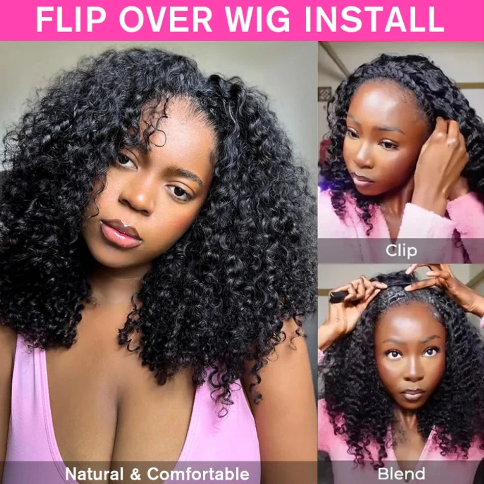 Wear and Go Flip Over Drawstring Glueless Curly Human Hair 100% Afro Curly Raw Hair Wigs Kinky Curls Wig Half Wig Half Head Wig