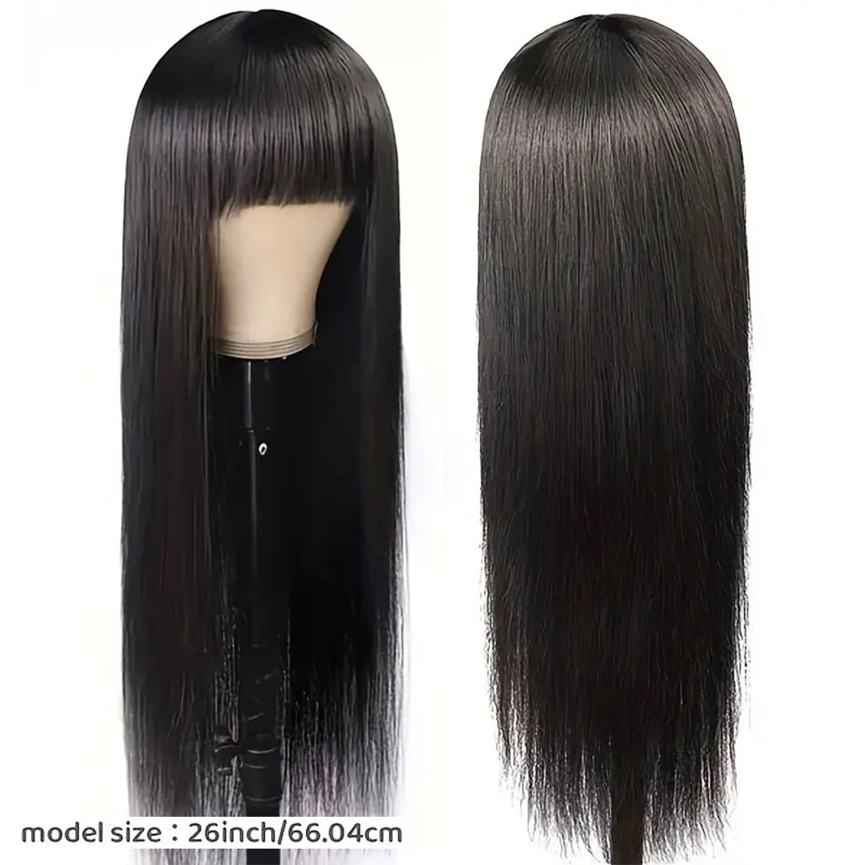 FGX-Peruvian Straight Full Machine Made Perruque with Bang Natural Color Human Hair Wig For Women Pre-Plucked Virgin Hair Wig
