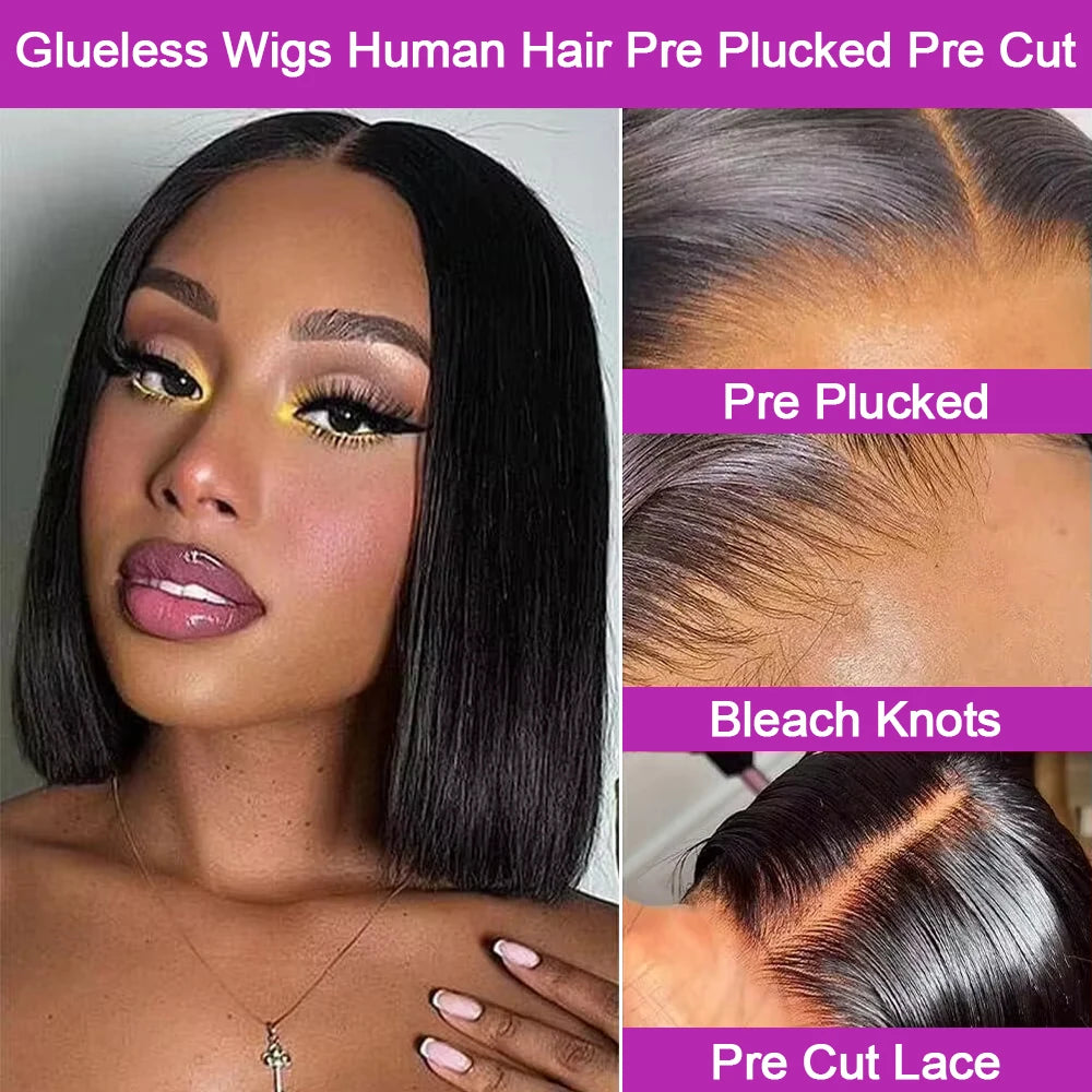 13x6 HD Lace Frontal Short Bob Wig Bone Straight Glueless Pre Cut 7x5 Closure Wig Ready to Wear 100% Human Hair Wig Preplucked