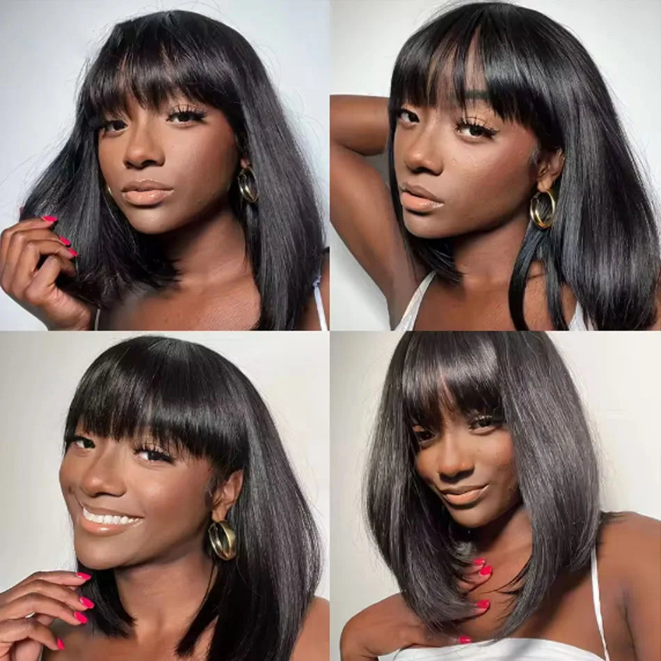 Straight Short Bob Wig With Bangs Vietnamese 100% Human Hair Double Drawn Bob Wigs Glueless Straight Wigs On Sale Clearance 250%
