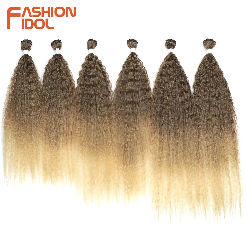 FASHION IDOL 22-26 inch 300g/6pcs Loose Curly Hair Synthetic Weave Hair Bundles Ombre Brown Heat Resistant Fiber Hair Extensions